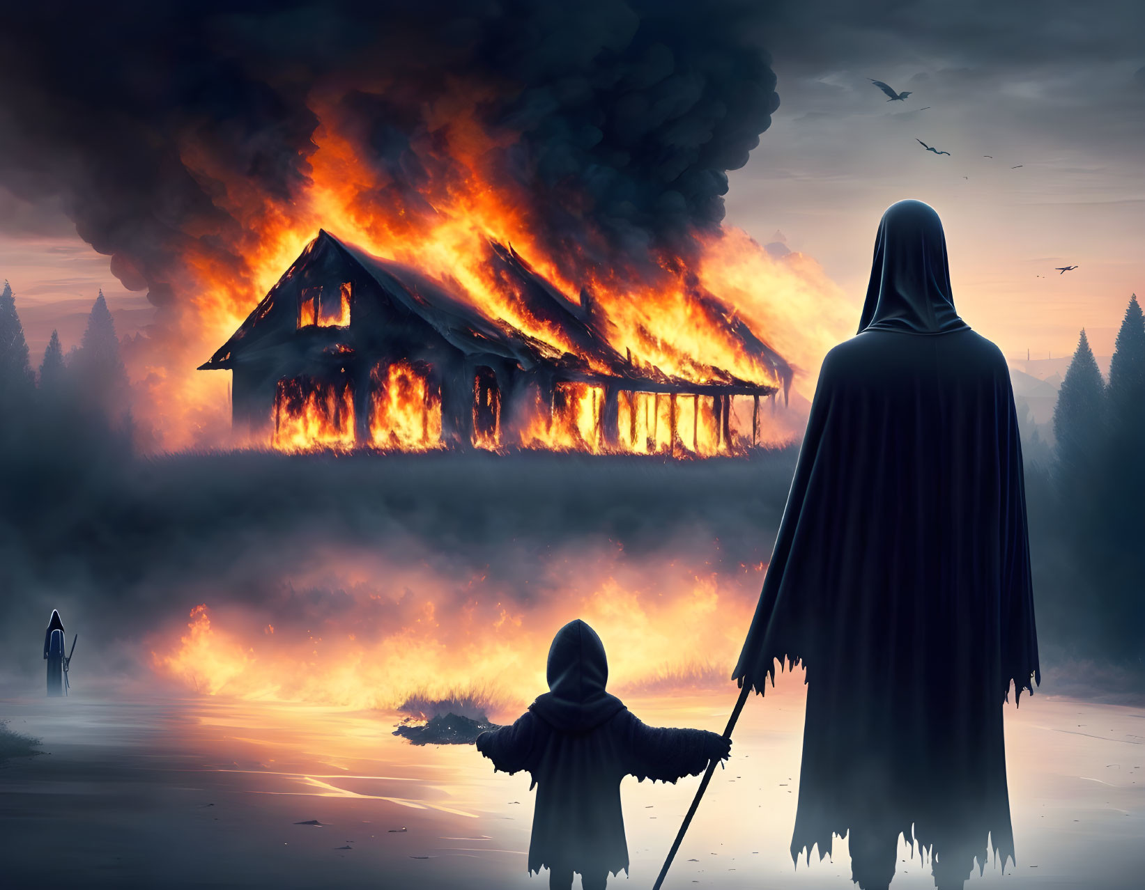 Cloaked figure observes burning house at dusk with smoke and silhouettes