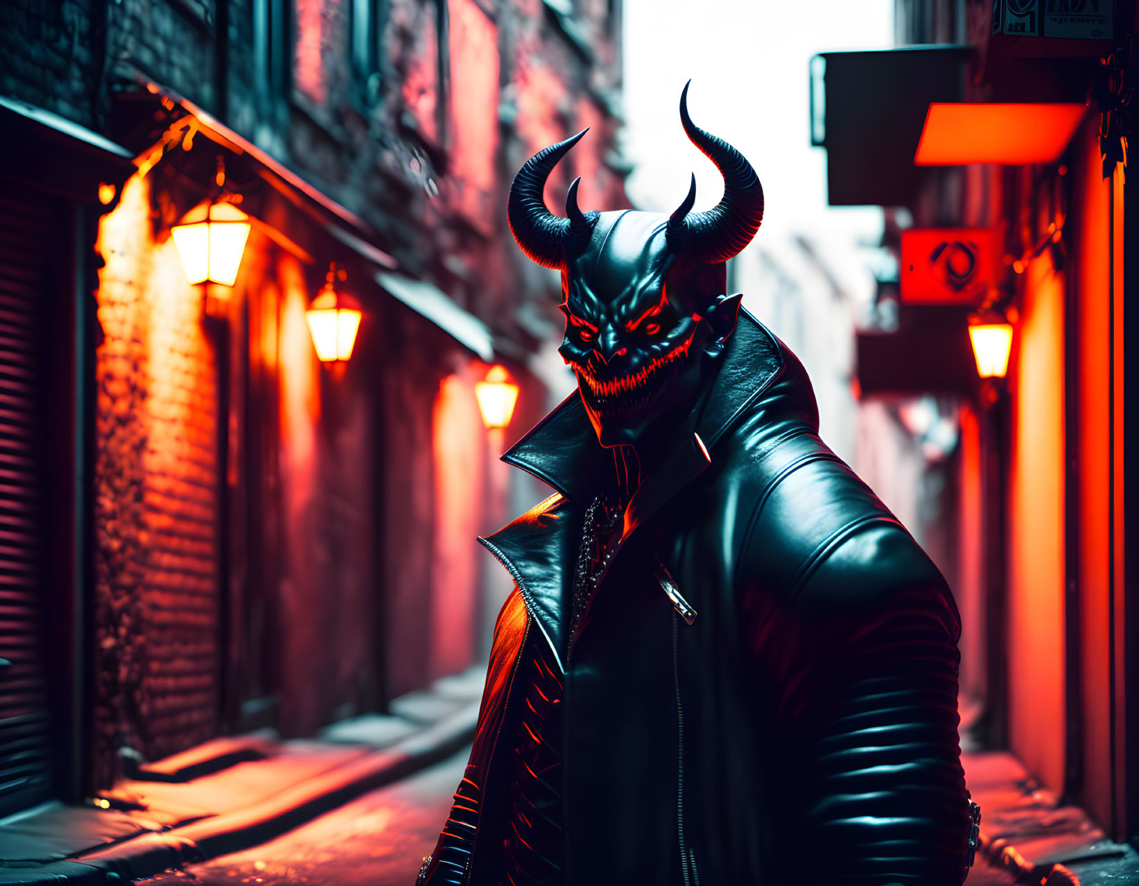 Demon costume person in leather jacket walking in red-lit urban alleyway