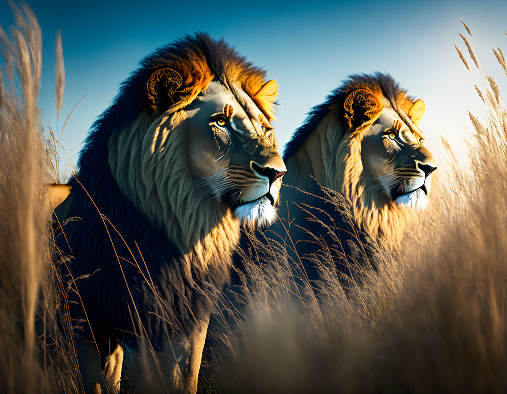 Radiant maned lions in tall grass at sunset