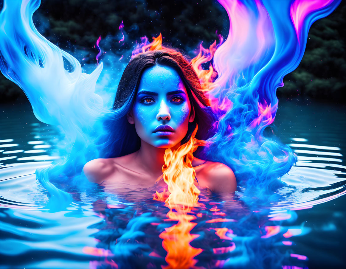 Vibrant blue-skinned woman submerged in water with swirling blue and orange flames.