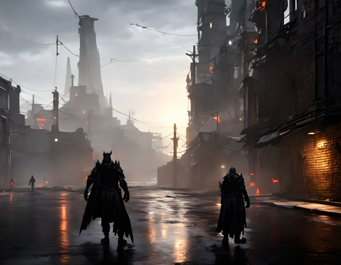 Armored figures in dystopian city with dark buildings and red lights