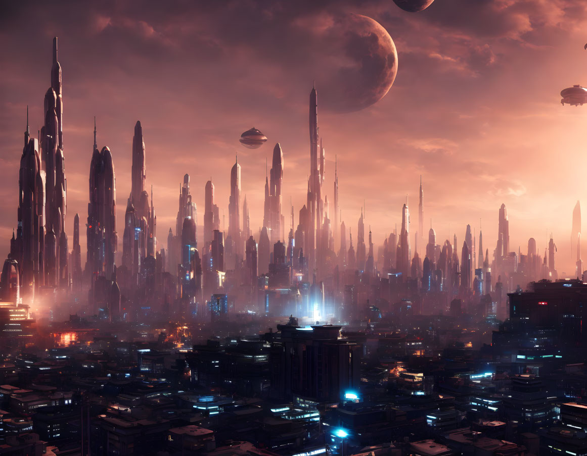Futuristic cityscape at dusk with skyscrapers and celestial bodies