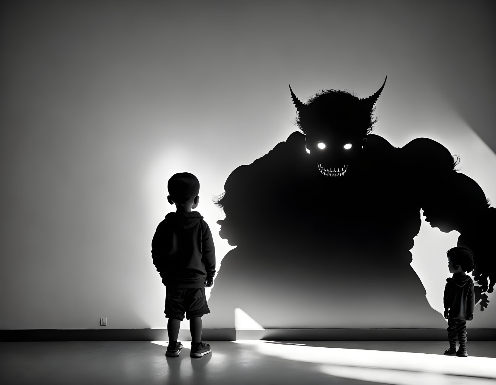 Children casting shadow of monster in room with light source on right