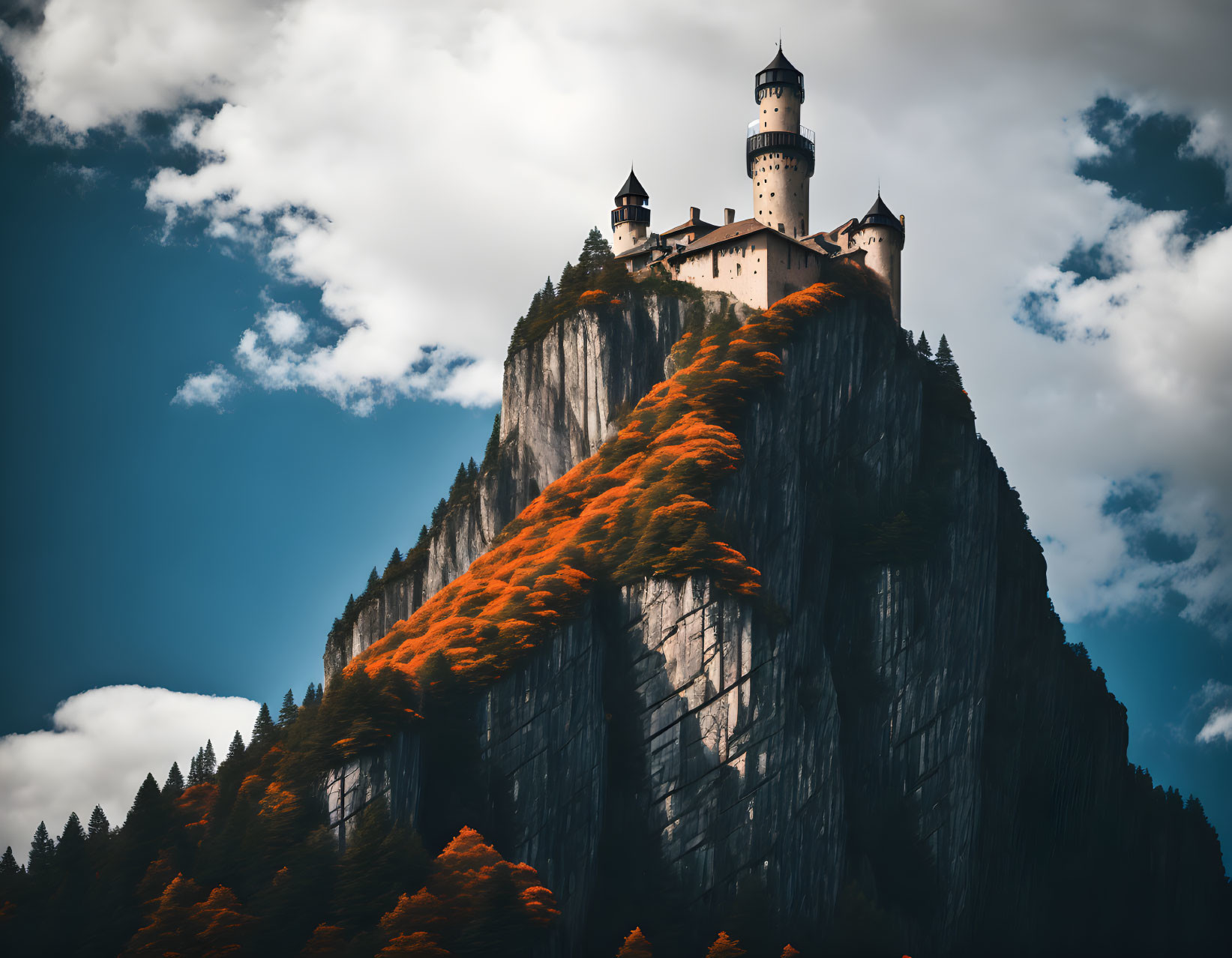 Majestic castle on cliff with orange foliage under dramatic sky