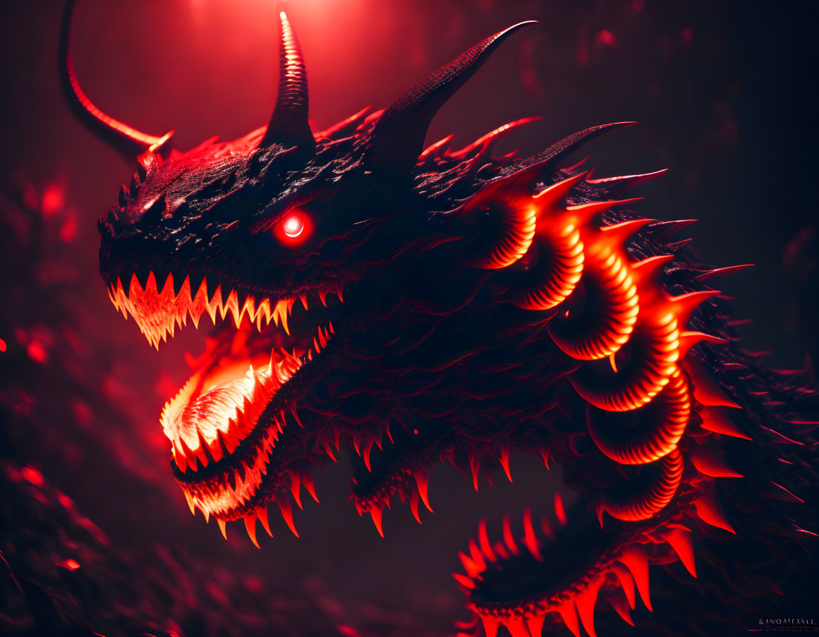Black Dragon with Glowing Red Eyes and Sharp Spikes in Menacing Red Light