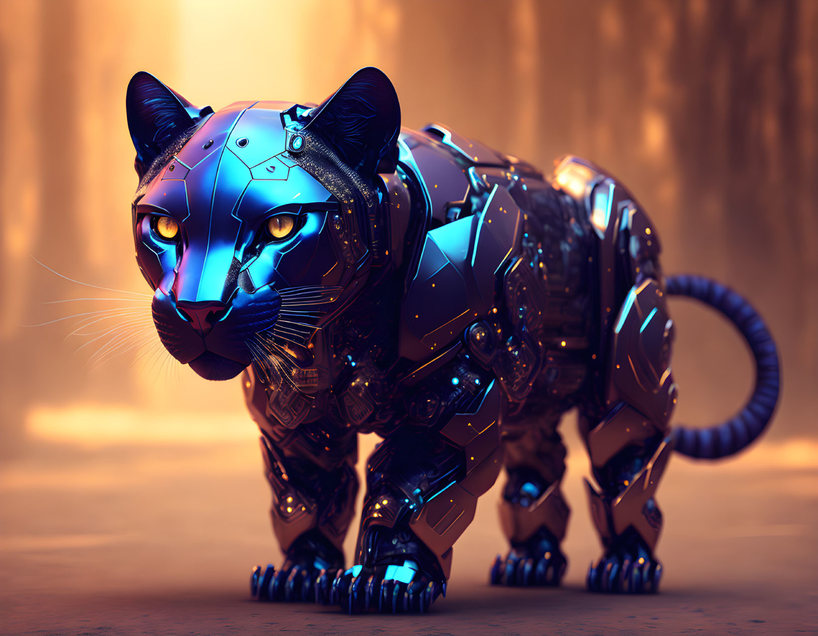 Futuristic blue and black robotic panther in amber-lit setting