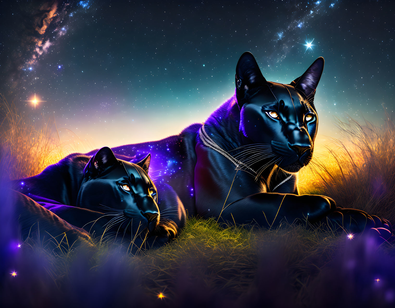 Ethereal black cats with glowing eyes in mystical night scene