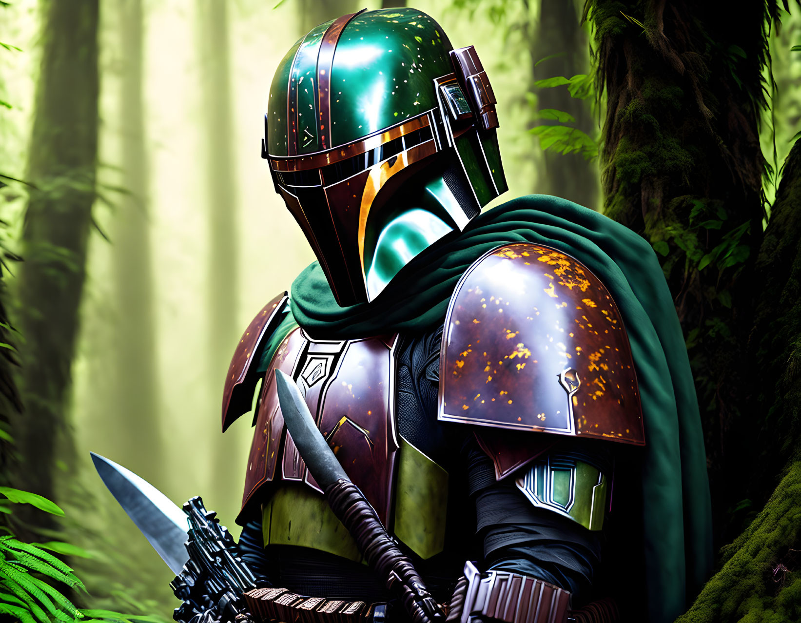 Armored character with green helmet and cape in forest with blaster