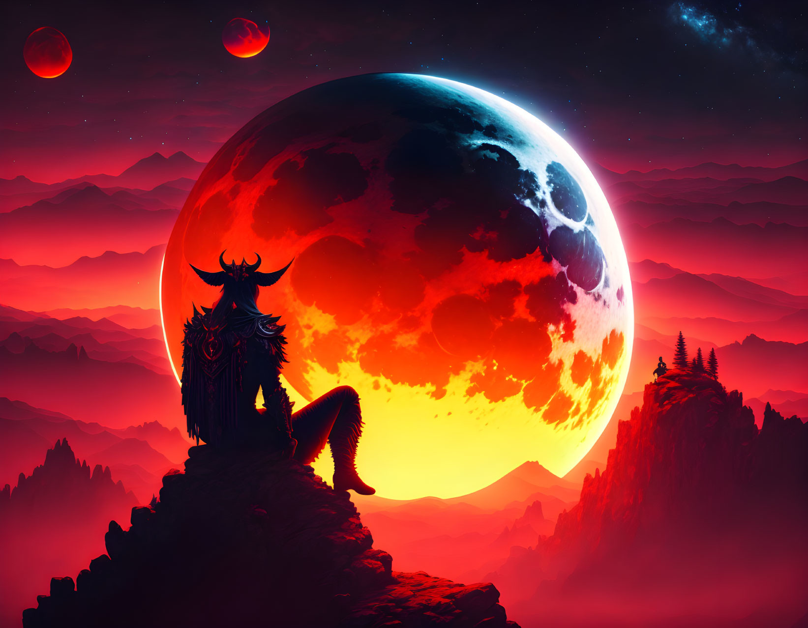 Fantasy scene with large moon, red sky, planets, and horned figure on mountain.