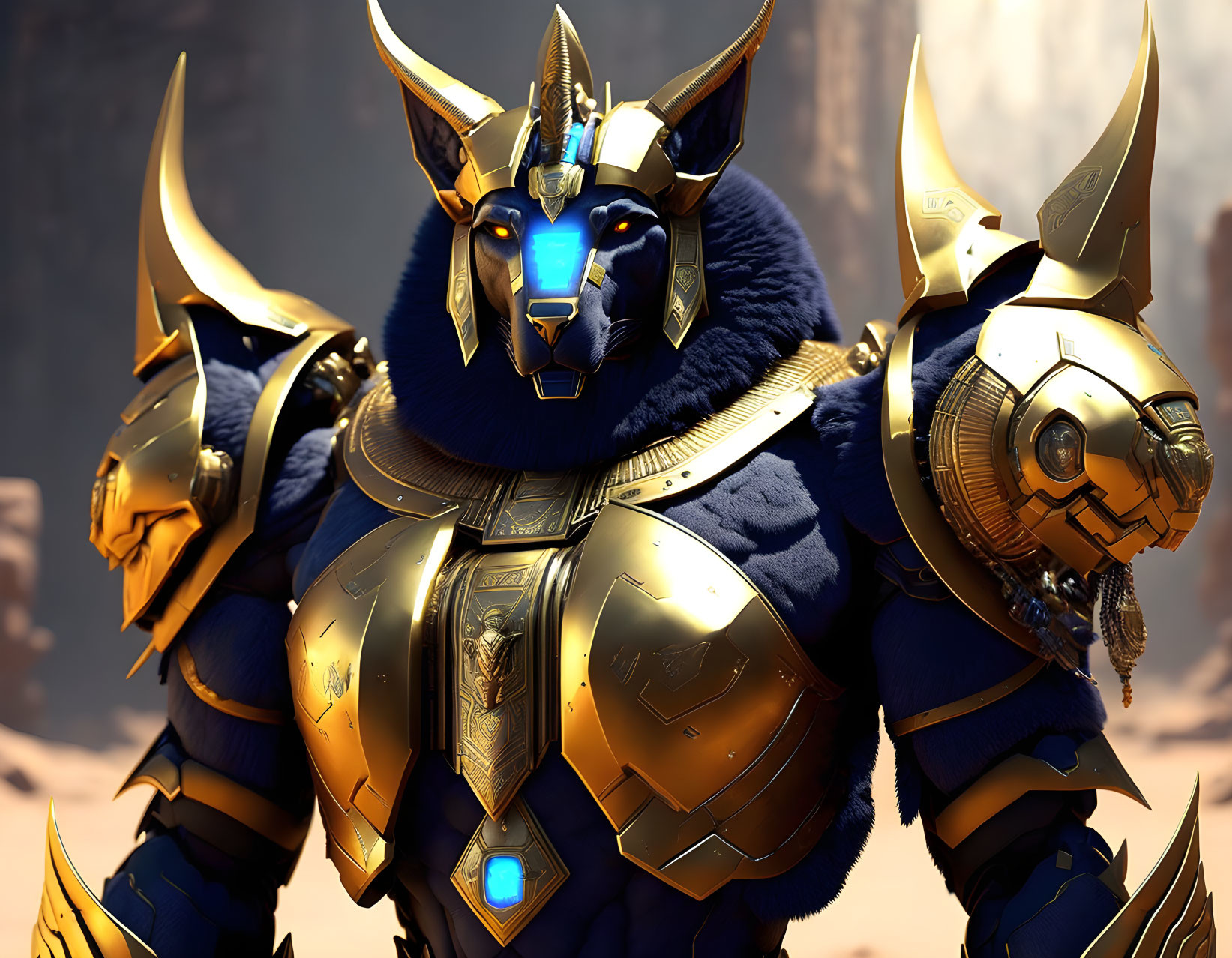 Canine-headed armored figure in golden armor with blue gem in desert scene