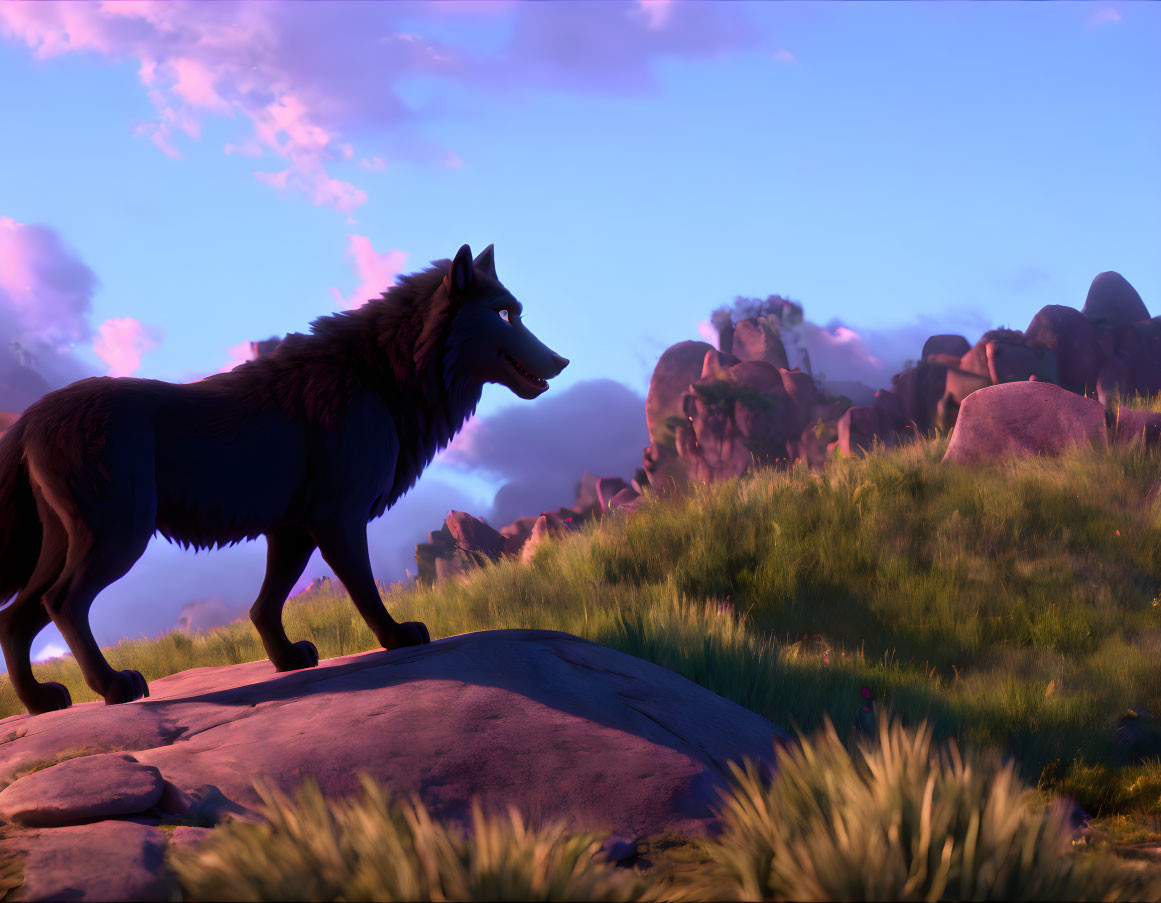 Wolf standing on rock in grassland with purple sky - digital rendering