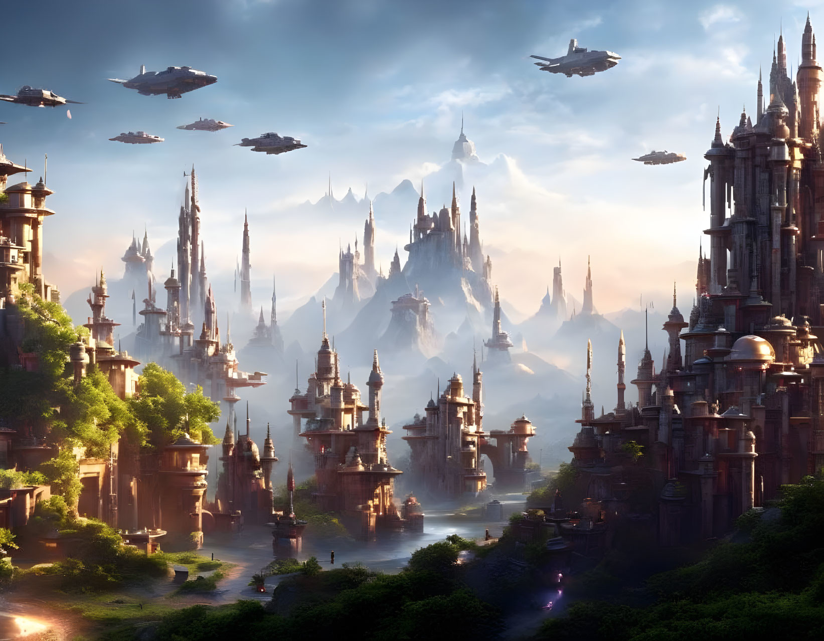Fantastical city with towering spires in mountainous backdrop.