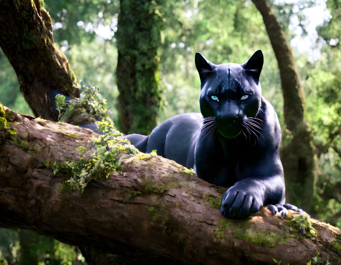 Black Panther Resting on Mossy Tree Branch in Lush Forest