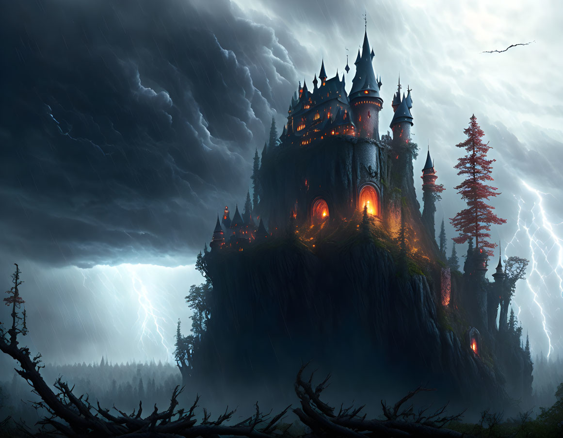 Majestic castle on craggy hill in stormy setting
