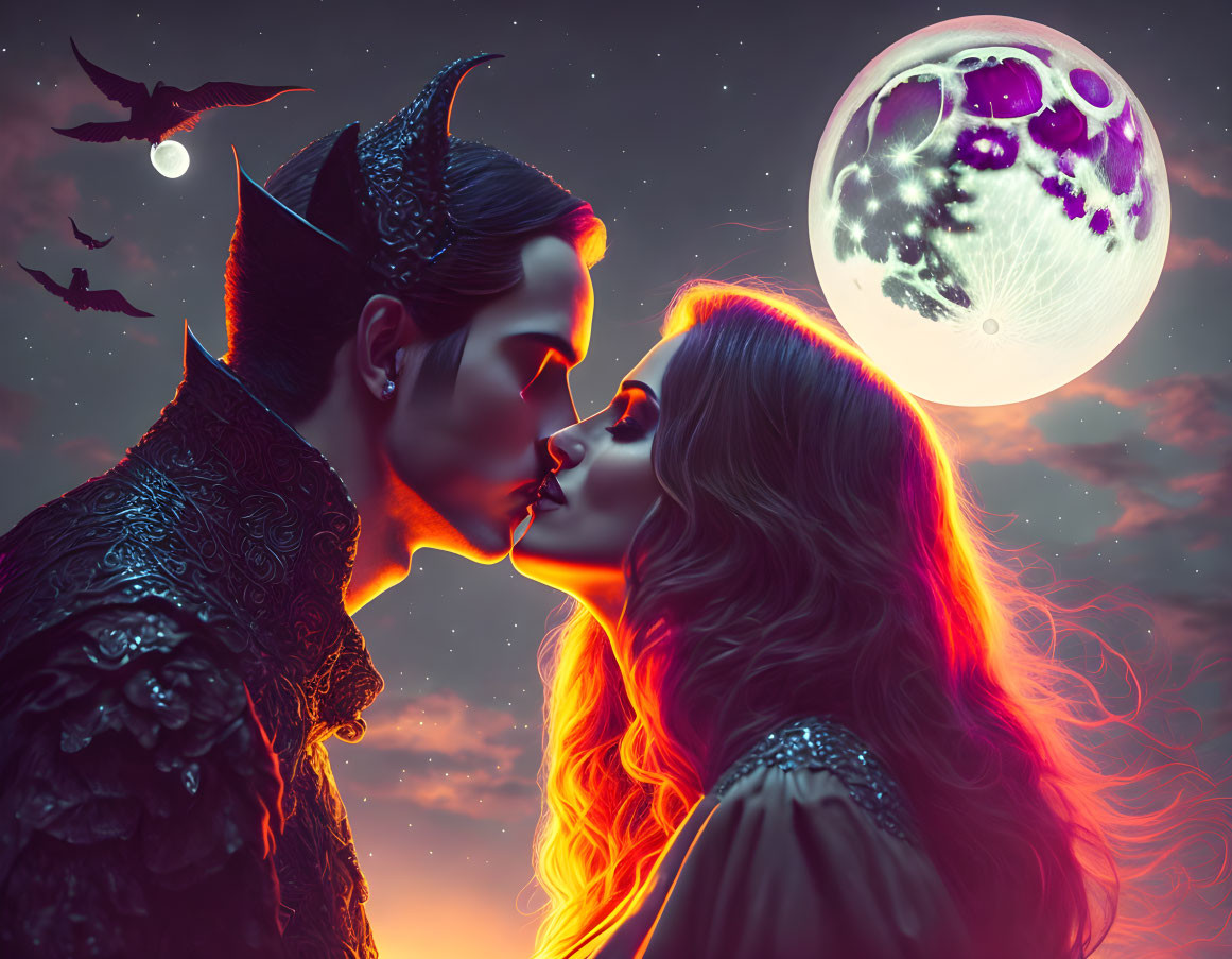 Fantastical romantic scene with male figure, horns, female, purple moon, bats
