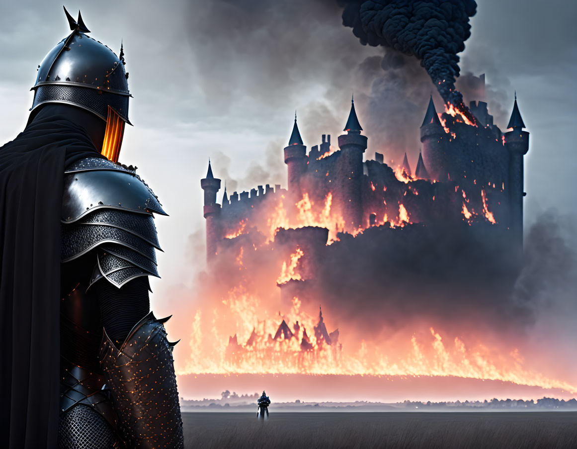 Armored knight observes burning castle with lone figure amid smoke
