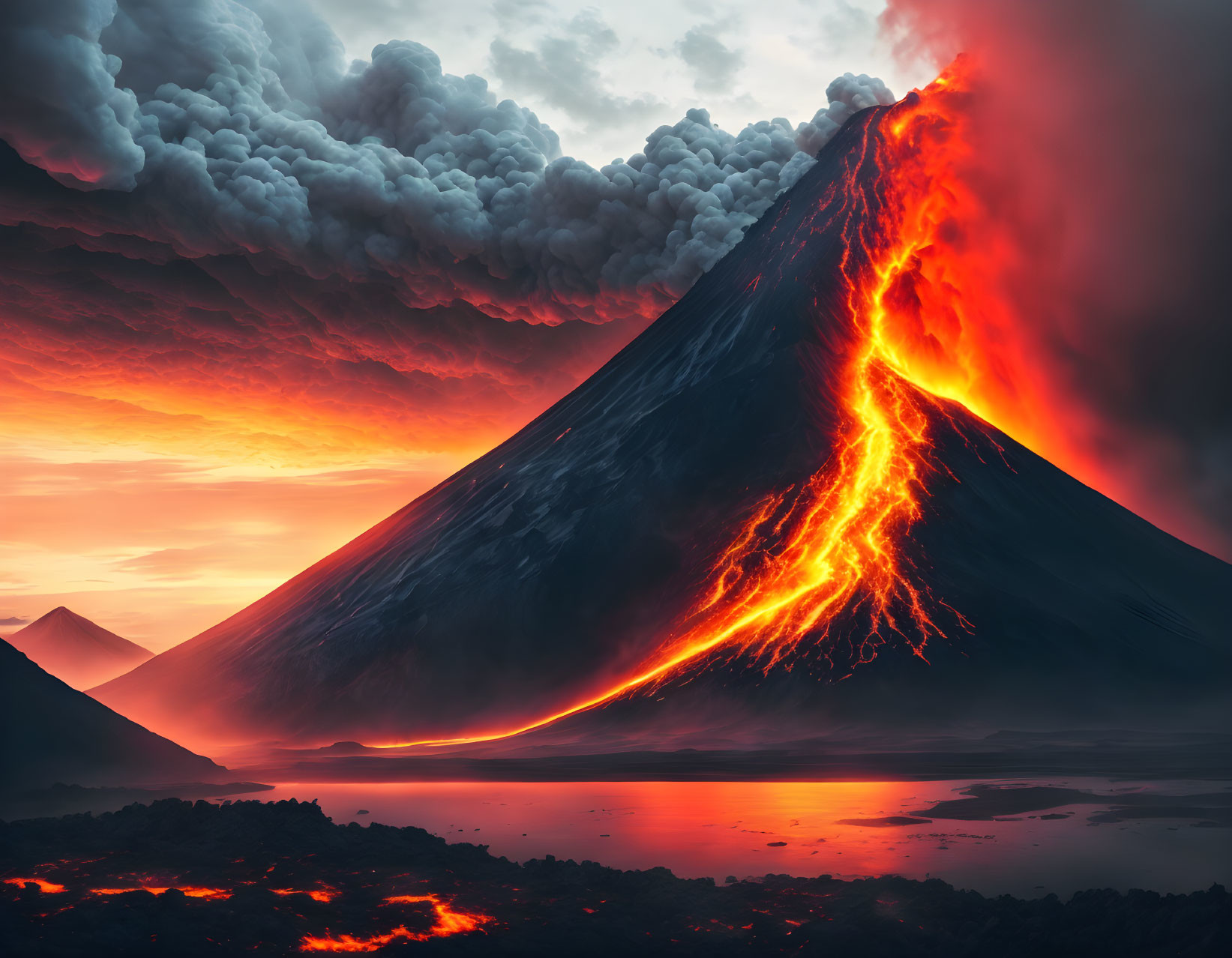 Nighttime volcano eruption with molten lava and smoke against dark sky