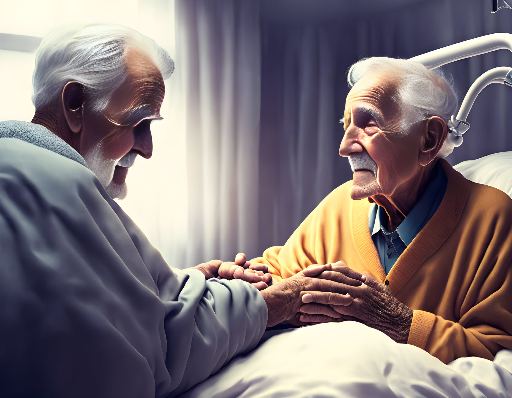 Elderly men sharing a heartwarming moment by the bedside