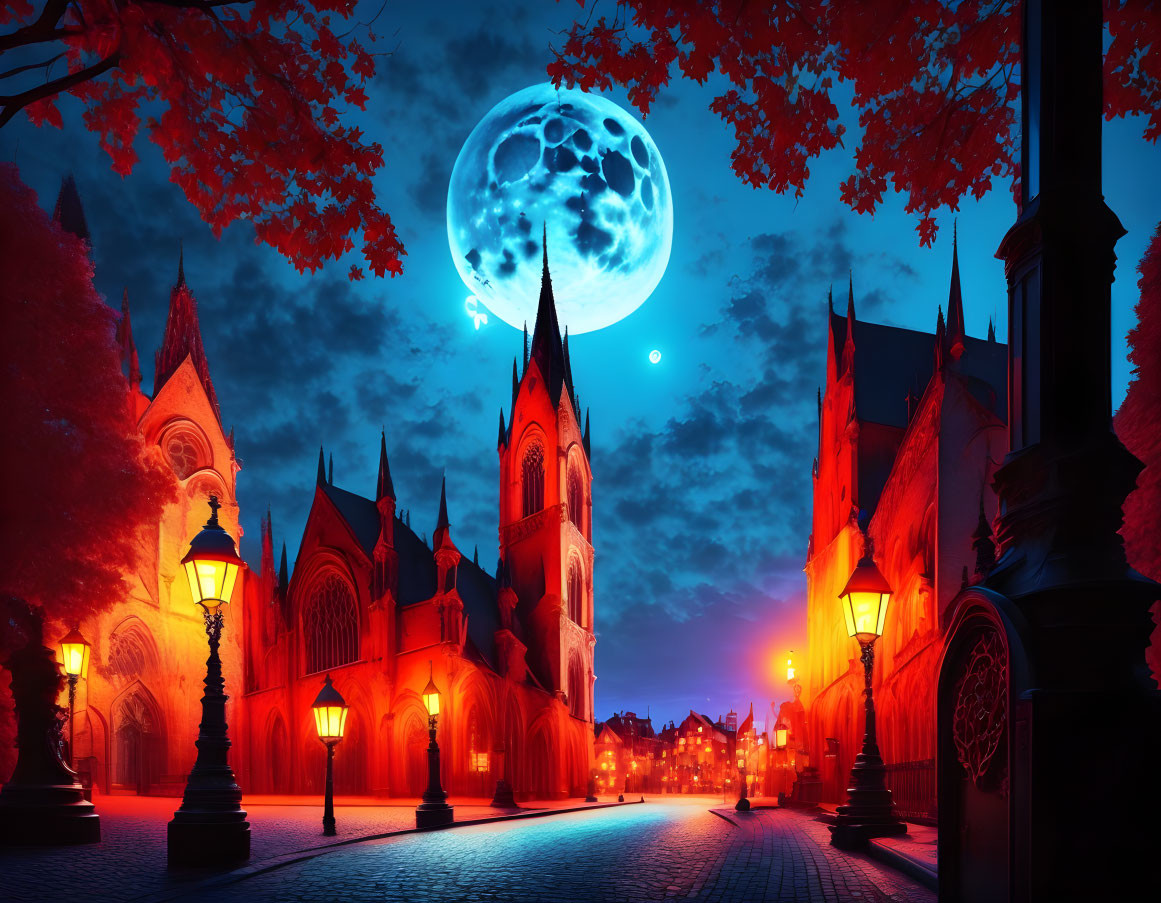 Full Moon Night Scene with Gothic Cathedral and Red Foliage