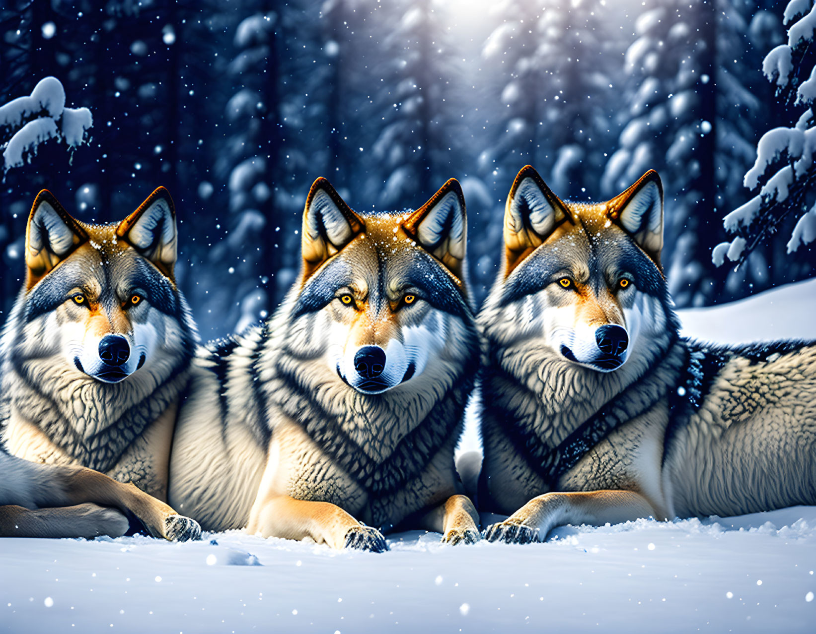 Three wolves in snowy forest with falling snowflakes