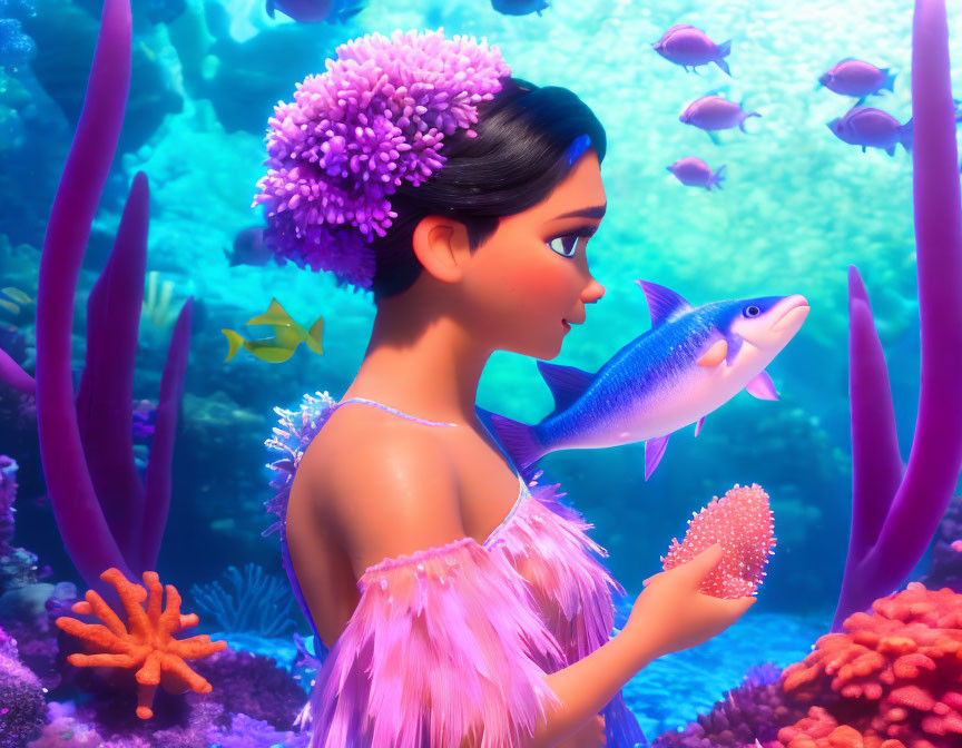 Stylized animated young woman with purple hair accessory encounters fish underwater