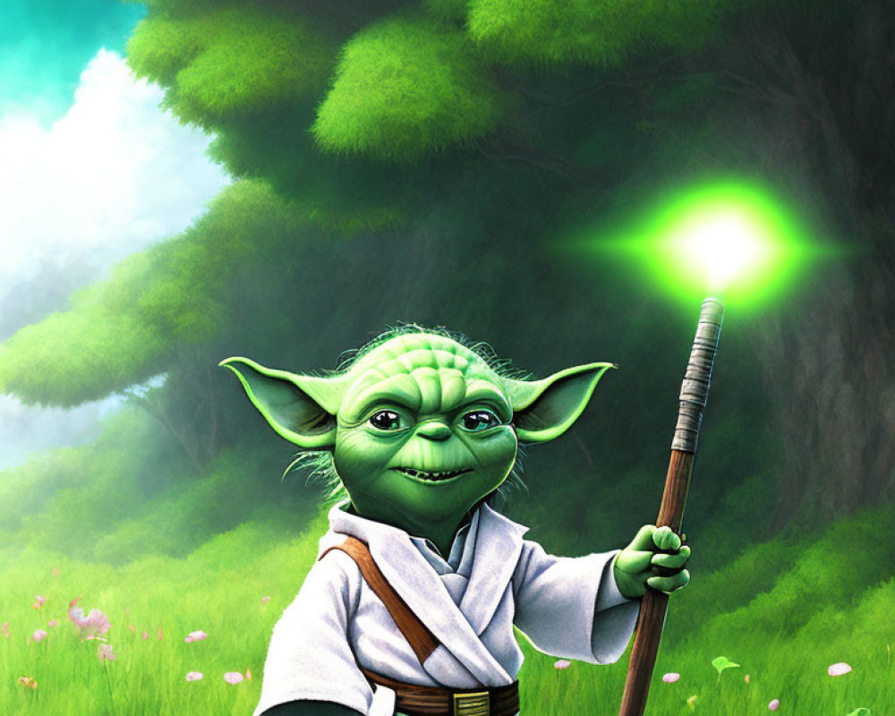 Animated character resembling Yoda with illuminated staff in lush forest clearing