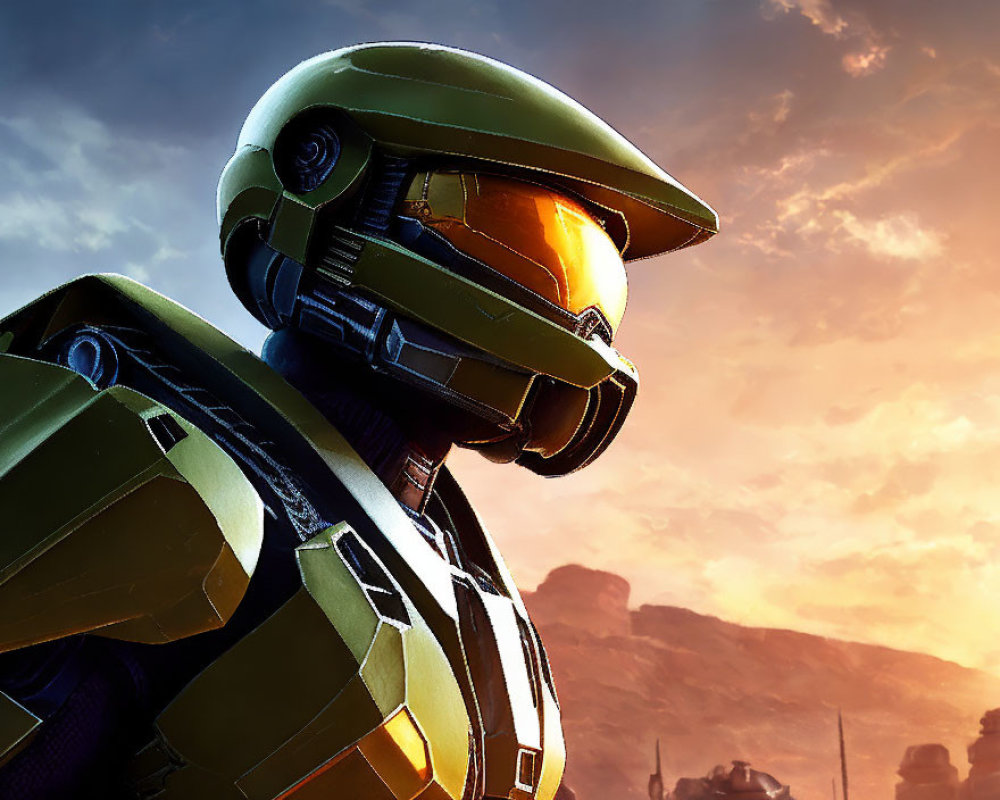 Futuristic soldier in green helmet with golden visor at sunset