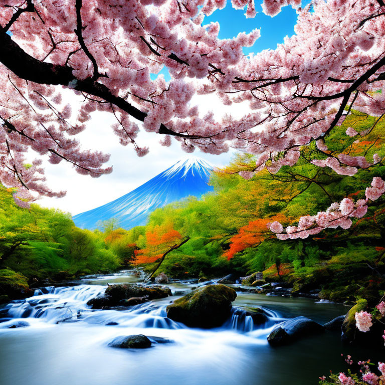 Scenic view of Mount Fuji with cherry blossoms and autumn trees