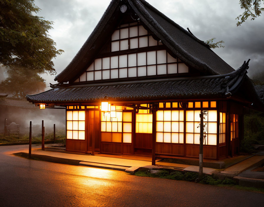 Japanese House Glowing in Dusk Light with Misty Atmosphere