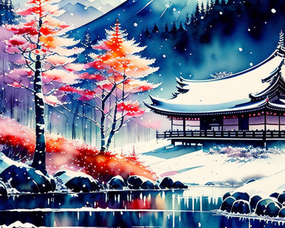 Winter Watercolor Illustration of Tranquil Scene with Snow, Lake, Trees, Pagoda, and