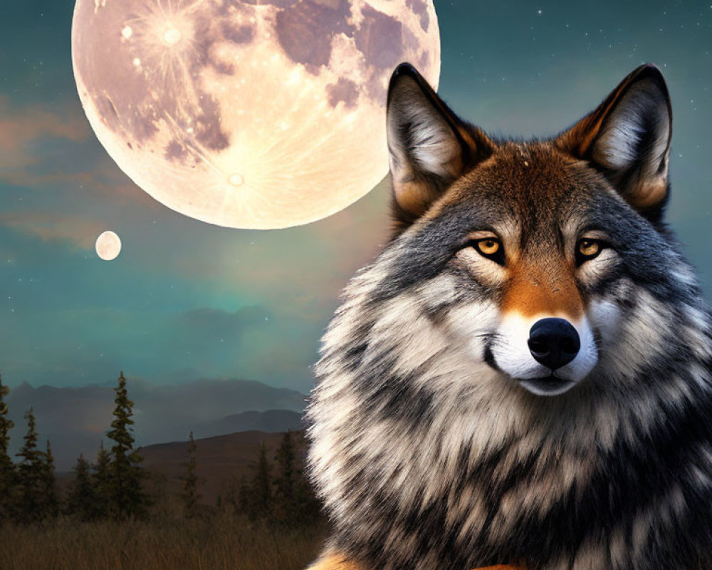 Realistic wolf illustration with full moon and twilight sky background