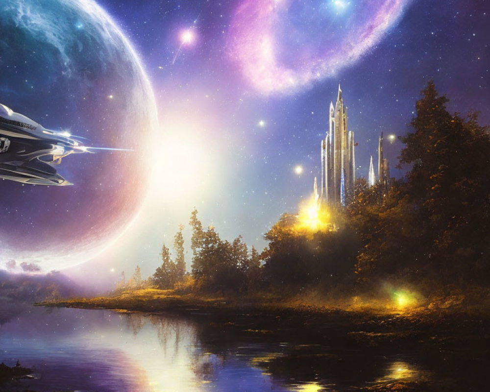 Futuristic lakeside night scene with shuttle, city, moon, and nebulae