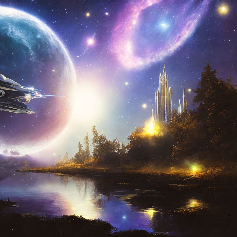 Futuristic lakeside night scene with shuttle, city, moon, and nebulae