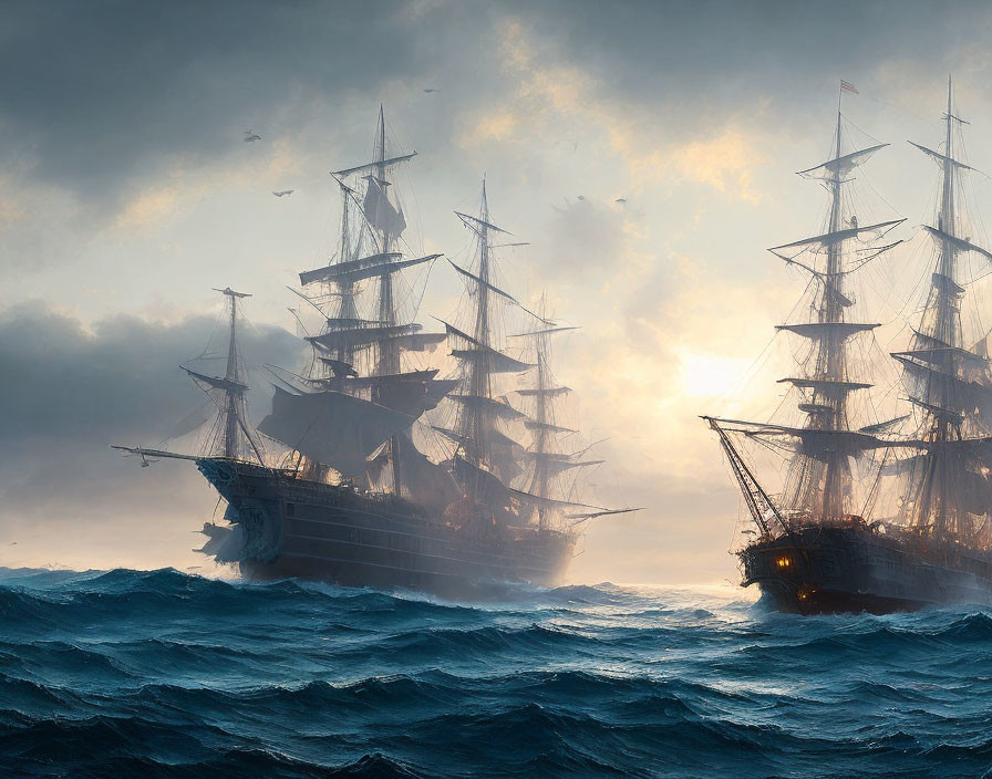 Majestic sailing ships in turbulent seas under piercing sunlight