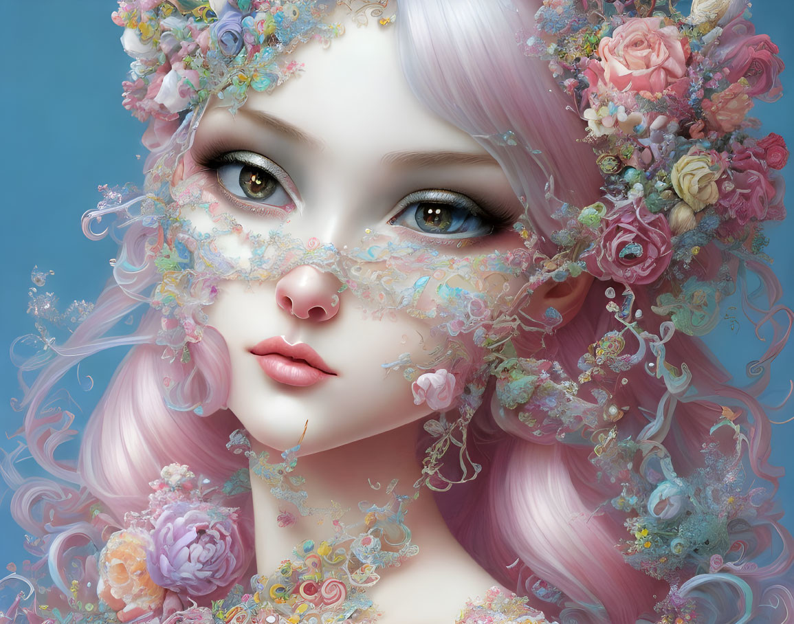 Digital Art: Female Figure with Pink Hair, Floral Headdress, and Lace Mask