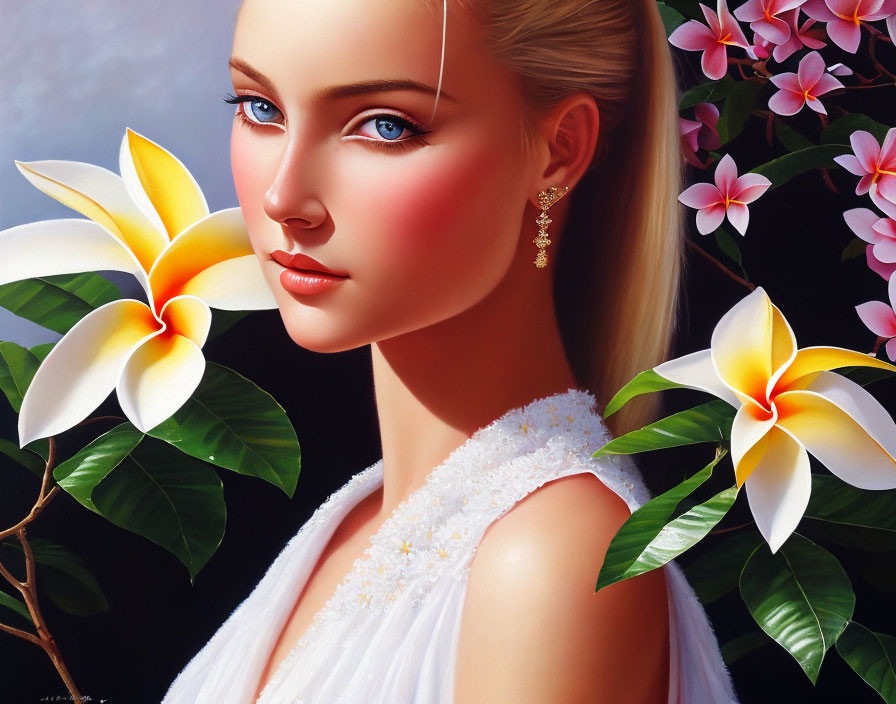 Blonde Woman in White Dress with Plumeria Flowers