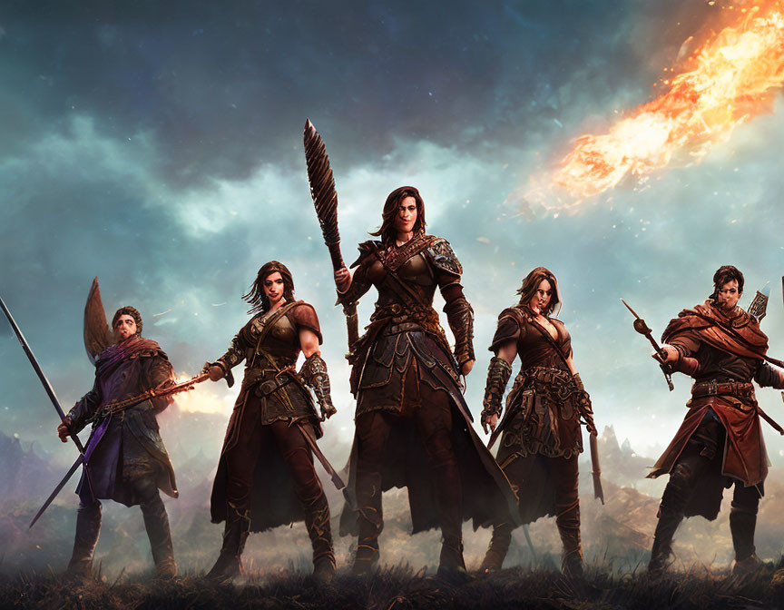 Five armored warriors with weapons under fiery sky