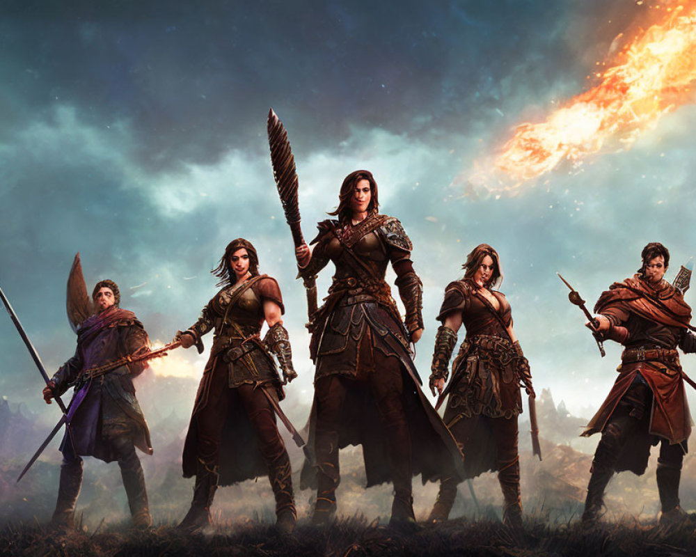 Five armored warriors with weapons under fiery sky