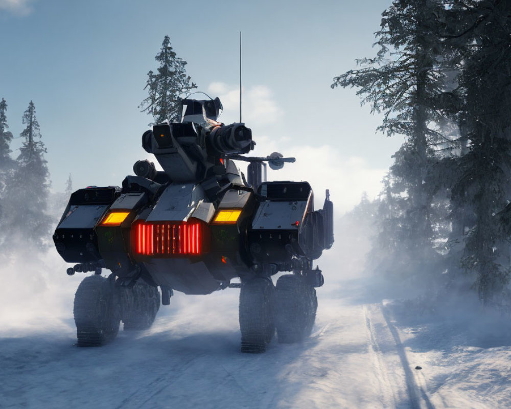 Armored military vehicle navigating snowy forest under clear sky