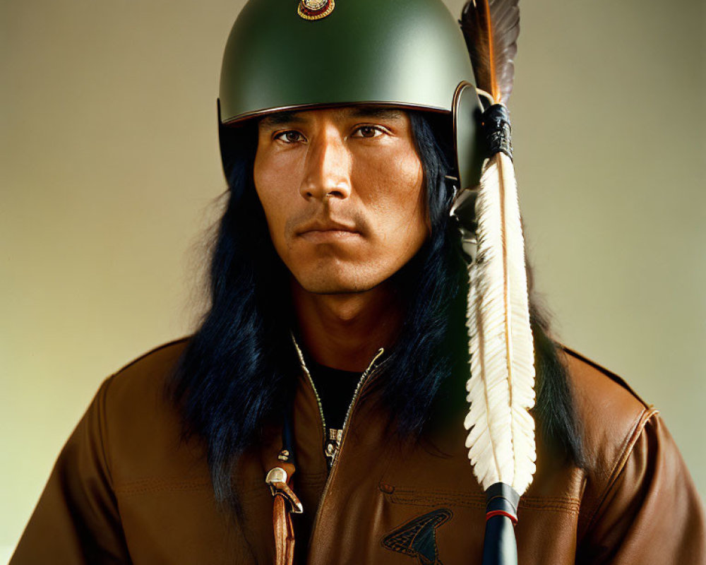 Man with Long Black Hair in Green Helmet and Military Jacket