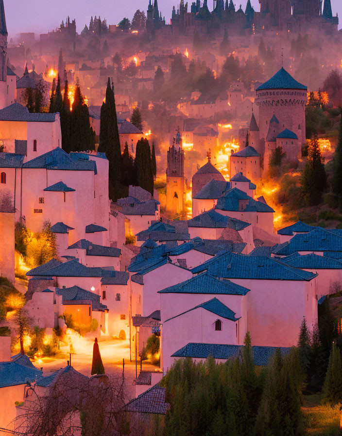 Scenic twilight view of illuminated old town with historic buildings