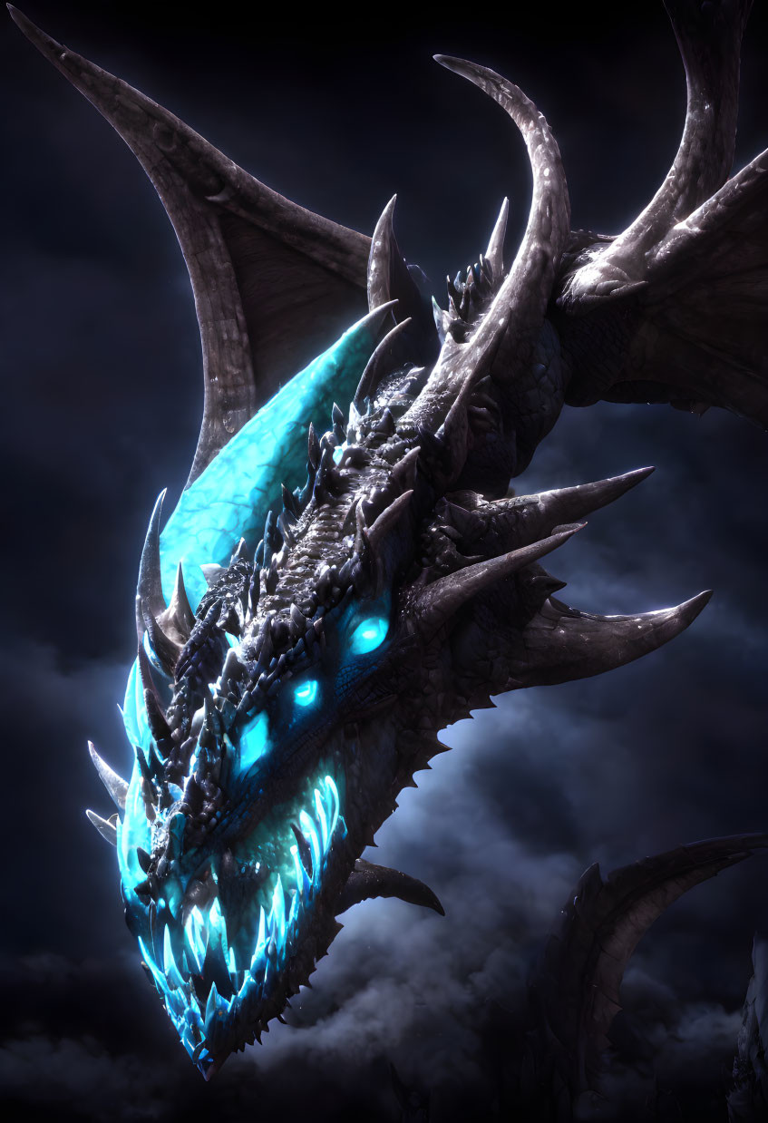 Glowing blue-eyed dragon with crystal underbelly in dark sky