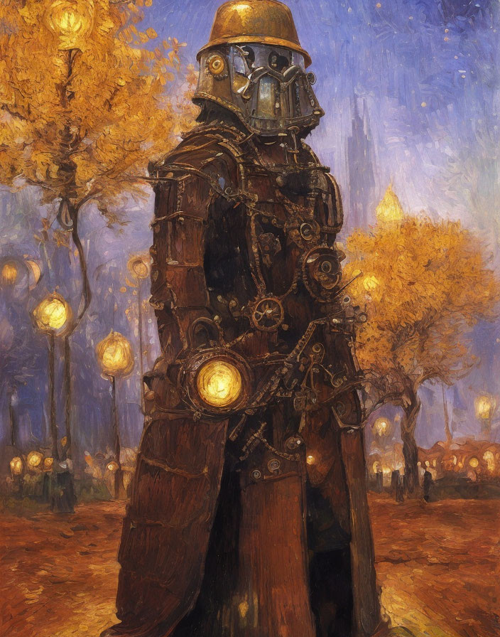 Medieval knight in armor surrounded by glowing orbs in autumn forest