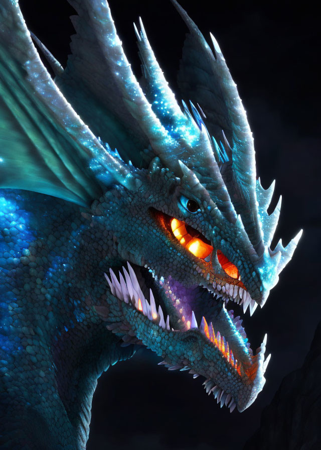 Blue Dragon with Glowing Eyes and Sharp Teeth on Dark Background