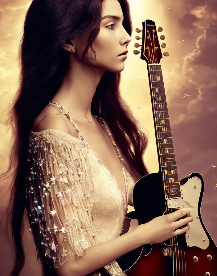 Long-haired woman with electric guitar on golden background.