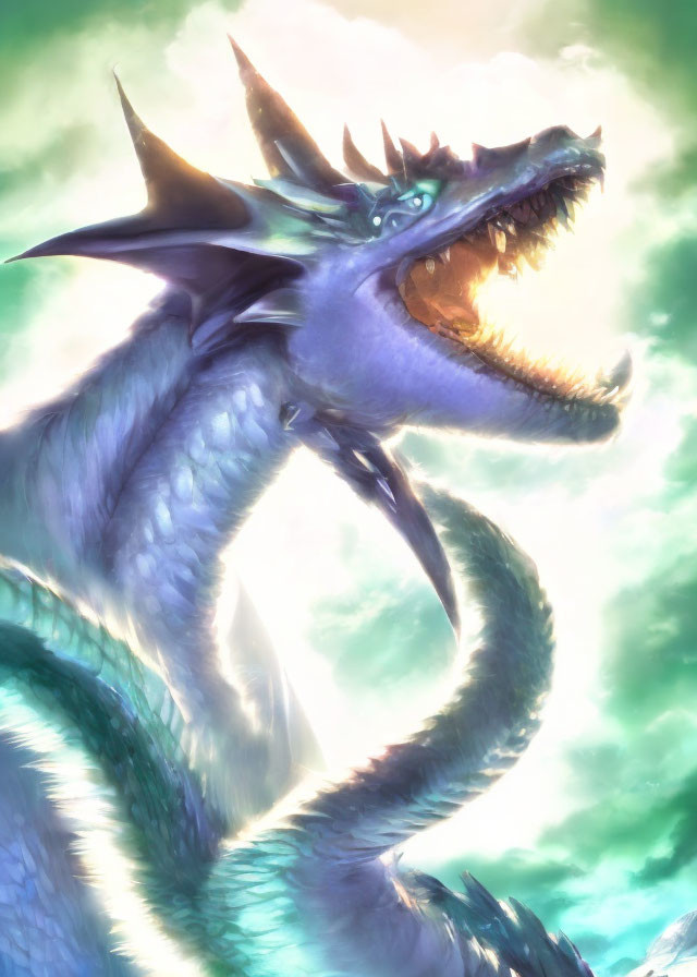 Blue dragon with sharp horns and gleaming eyes roaring in green cloud backdrop