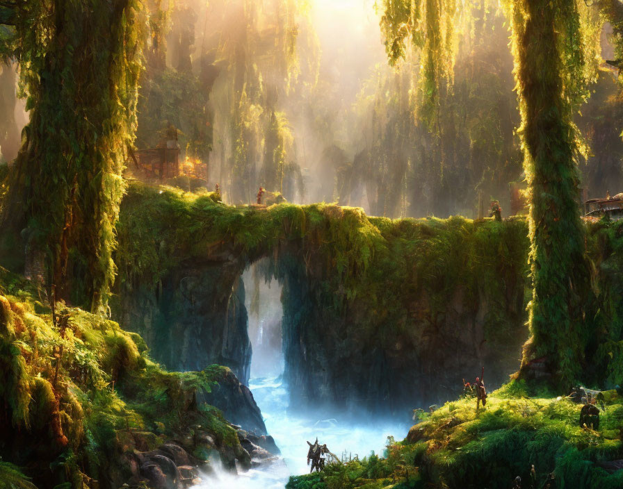 Mystical ruins and waterfalls in lush green landscape