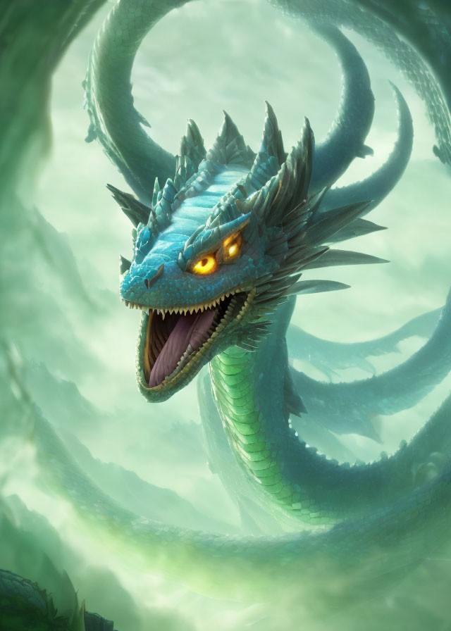 Blue dragon with multiple horns and orange eyes in misty green clouds