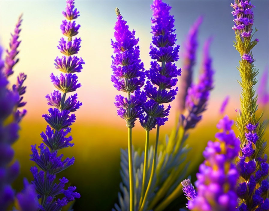 Vivid Purple Lavender Flowers Against Sunset Sky Background