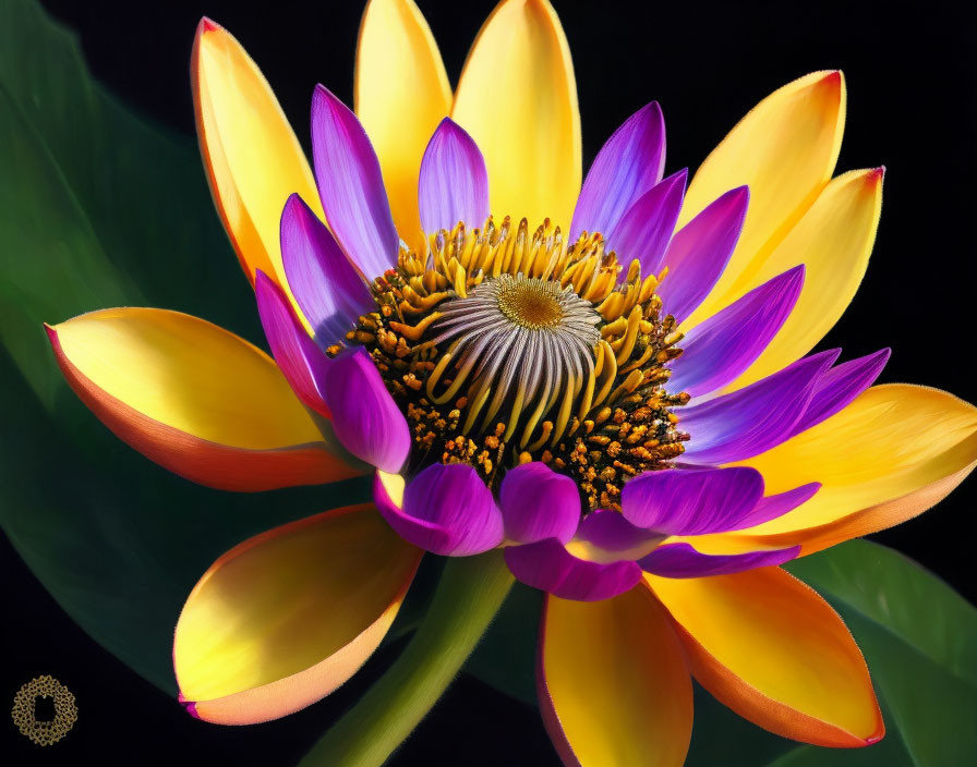 Close-up vibrant lotus flower: yellow and purple petals on black background